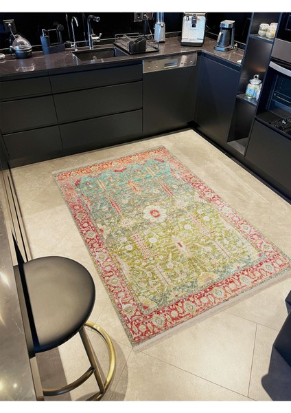 Barcelona Koleksiyonu Yeşil ve Mavi Tonlar Eskitme Çiçek Motifleri Desenli Vintage Dekoratif Halı 53 modelleri