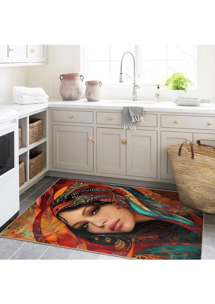 Buse Koleksiyonu Çok Renkli Desenler ve Kadın Yüzü Dokuma Taban Modern Dekoratif Halı BUSE04 modelleri