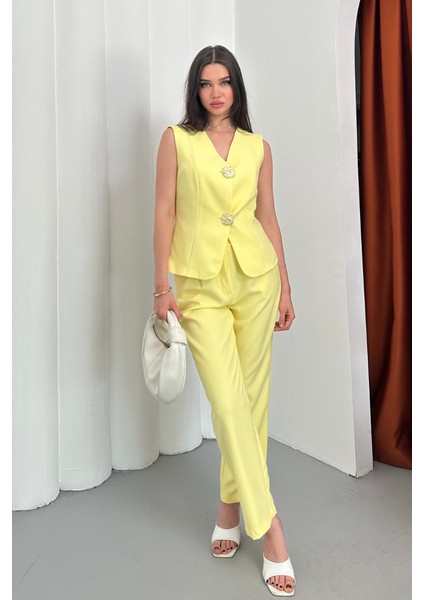 Kadın Ikili Alt Üst Takım Şık Düğme Detaylı Yelek Pantolon Takım