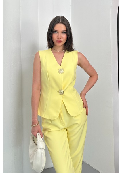 Kadın Ikili Alt Üst Takım Şık Düğme Detaylı Yelek Pantolon Takım modelleri