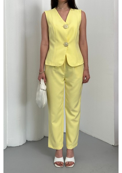 Kadın Ikili Alt Üst Takım Şık Düğme Detaylı Yelek Pantolon Takım fırsatları