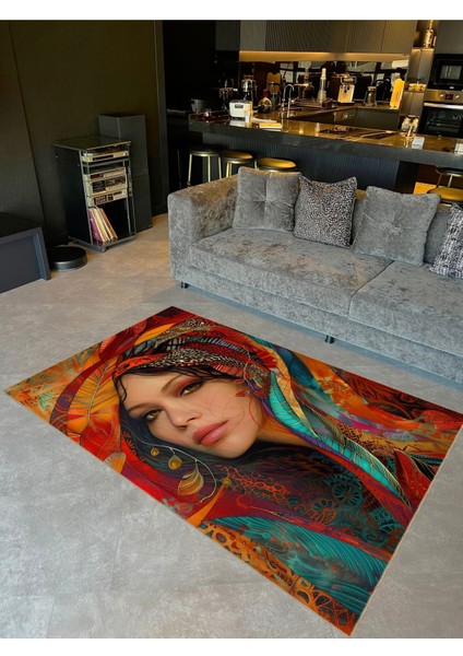 Buse Koleksiyonu Çok Renkli Desenler ve Kadın Yüzü Dokuma Taban Modern Dekoratif Halı BUSE04