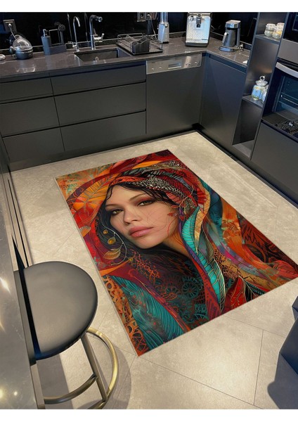 Buse Koleksiyonu Çok Renkli Desenler ve Kadın Yüzü Dokuma Taban Modern Dekoratif Halı BUSE04 fiyatları