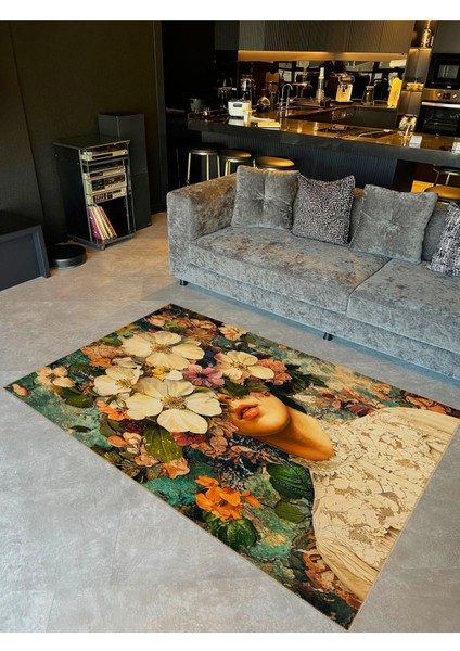 Buse Koleksiyonu Eskitme Görünümlü Çiçek Detaylı Kadın Desenli Dokuma Taban Dekoratif Halı BUSE09