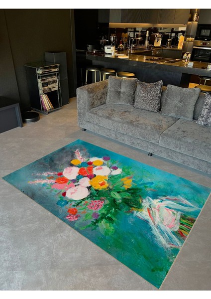 Buse Koleksiyonu Pastel Boya Görünümlü Çiçek Buketi Desenli Dokuma Taban Dekoratif Halı BUSE18
