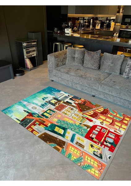 Barcelona Koleksiyonu Karikatürist Temalı Kış Gecesi'nde Şehir Desenli Modern Dekoratif Halı 10