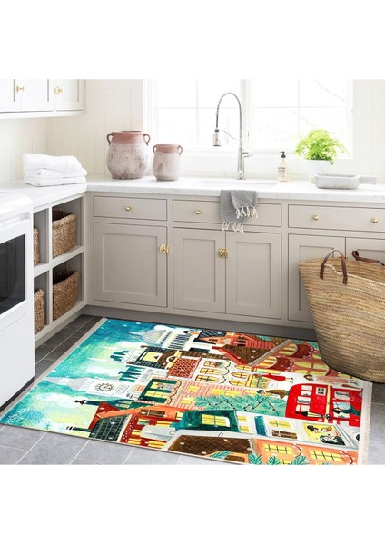 Barcelona Koleksiyonu Karikatürist Temalı Kış Gecesi'nde Şehir Desenli Modern Dekoratif Halı 10 fırsatları