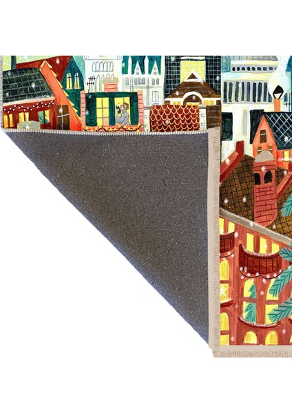Barcelona Koleksiyonu Karikatürist Temalı Kış Gecesi'nde Şehir Desenli Modern Dekoratif Halı 10 indirimleri