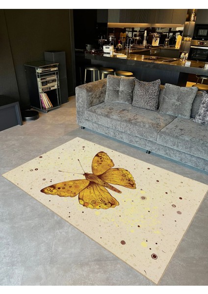 Buse Koleksiyonu Sarı Kelebek Desenli Dokuma Taban Modern Dekoratif Halı BUSE32