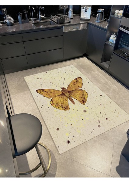 Buse Koleksiyonu Sarı Kelebek Desenli Dokuma Taban Modern Dekoratif Halı BUSE32