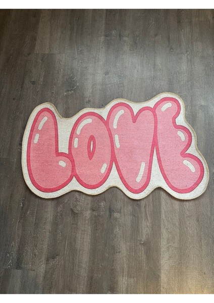 Buse Koleksiyonu Pembe Asimetrik Love Yazı Detay Punch Görünümlü Dokuma Taban Dekoratif Halı BUSE52