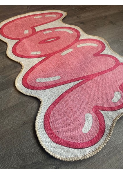 Buse Koleksiyonu Pembe Asimetrik Love Yazı Detay Punch Görünümlü Dokuma Taban Dekoratif Halı BUSE52 fiyatları