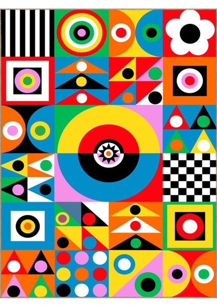 Buse Koleksiyonu Çok Renkli Geometrik Şekiller Desenli Dokuma Taban Modern Dekoratif Halı BUSE15