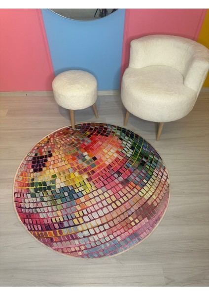 Buse Koleksiyonu Çok Renkli Disko Topu Görünümlü Yuvarlak Dokuma Taban Halı BUSE48