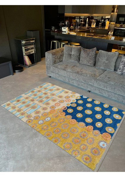Barcelona Koleksiyonu Sarı Mavi Temalı Dokuma Taban Modern Dekoratif Halı BARCELONA46