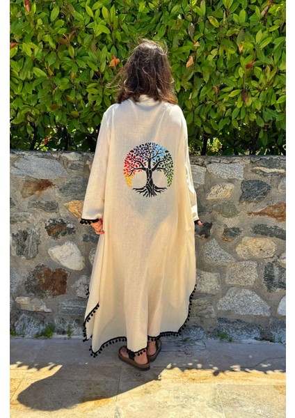 Hayat Ağacı Temalı El Boyama Müslin Kimono Plaj Elbisesi Pareo modelleri
