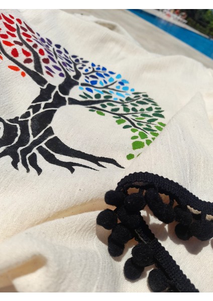 Hayat Ağacı Temalı El Boyama Müslin Kimono Plaj Elbisesi Pareo indirimleri