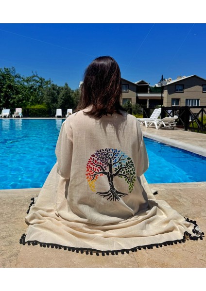 Hayat Ağacı Temalı El Boyama Müslin Kimono Plaj Elbisesi Pareo