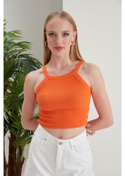 Turuncu Fitted/vücuda Oturan Iki Omuzu Açık Miami Fitilli Esnek Örme Bluz