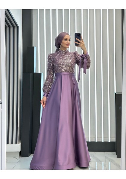 Saten Boncuk Işlemeli Dört Mevsim Hakim Yaka Tesettür Abiye Elbise