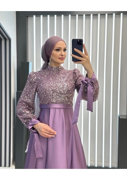 Saten Boncuk Işlemeli Dört Mevsim Hakim Yaka Tesettür Abiye Elbise fiyatları