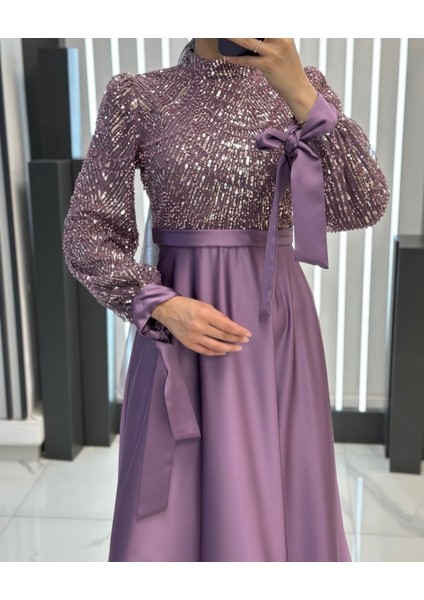 Saten Boncuk Işlemeli Dört Mevsim Hakim Yaka Tesettür Abiye Elbise modelleri