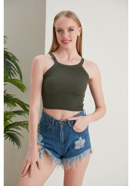 Haki Fitted/vücuda Oturan Iki Omuzu Açık Miami Fitilli Esnek Örme Bluz