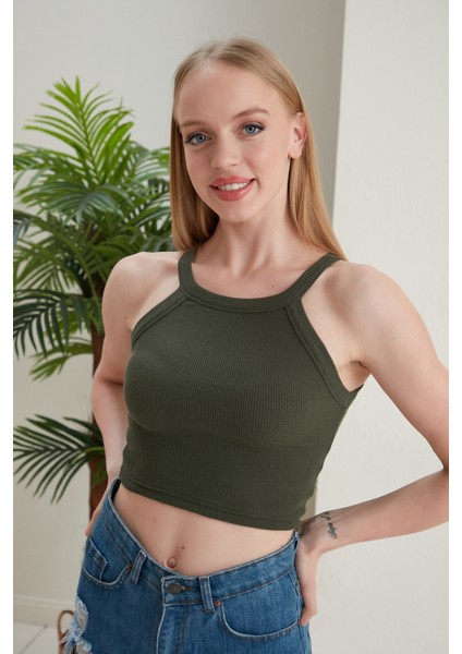 Haki Fitted/vücuda Oturan Iki Omuzu Açık Miami Fitilli Esnek Örme Bluz fırsatları