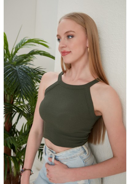 Haki Fitted/vücuda Oturan Iki Omuzu Açık Miami Fitilli Esnek Örme Bluz