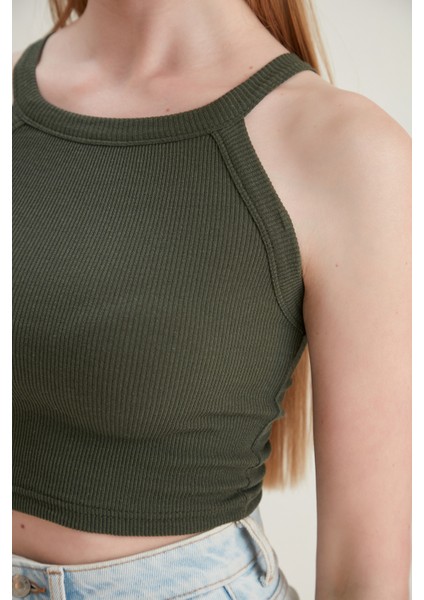 Haki Fitted/vücuda Oturan Iki Omuzu Açık Miami Fitilli Esnek Örme Bluz