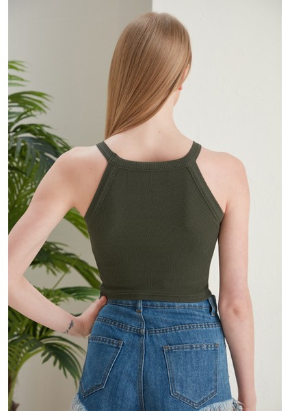 Haki Fitted/vücuda Oturan Iki Omuzu Açık Miami Fitilli Esnek Örme Bluz