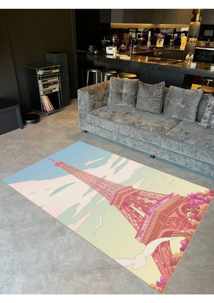 Buse Koleksiyonu Çok Renkli Pastel Tonlarda Eyfel Desenli Dokuma Taban Modern Dekoratif Halı BUSE26