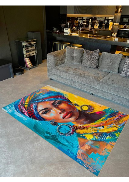 Buse Koleksiyonu Çok Renkli Yağlı Boya Görünümlü Kadın Detaylı Dokuma Taban Dekoratif Halı BUSE05