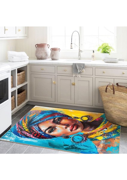 Buse Koleksiyonu Çok Renkli Yağlı Boya Görünümlü Kadın Detaylı Dokuma Taban Dekoratif Halı BUSE05 modelleri