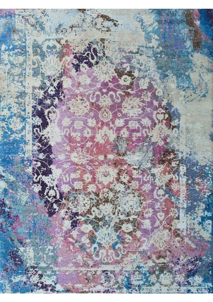 Barcelona Koleksiyonu Eskitme Görünümlü Mavi Pembe Desenli Vintage Dekoratif Halı BARCELONA35