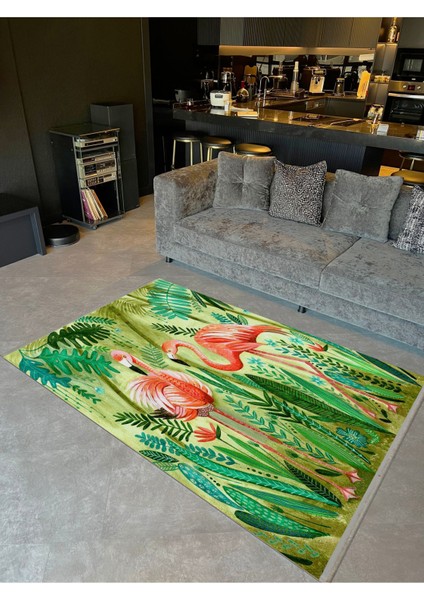 Barcelona Koleksiyonu Tropikal Temalı Flamengo ve Bitkiler Desenli Modern Dekoratif Halı 05