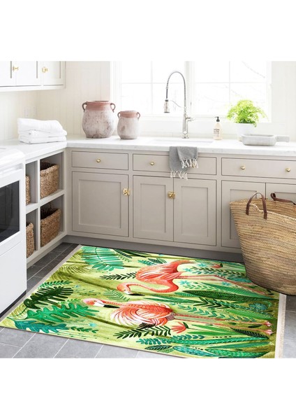 Barcelona Koleksiyonu Tropikal Temalı Flamengo ve Bitkiler Desenli Modern Dekoratif Halı 05 fırsatları