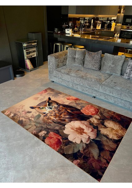 Buse Koleksiyonu Pastel Tonlarda Çiçekler ve Baykuş Desenli Dokuma Taban Dekoratif Halı BUSE02