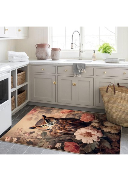 Buse Koleksiyonu Pastel Tonlarda Çiçekler ve Baykuş Desenli Dokuma Taban Dekoratif Halı BUSE02 modelleri
