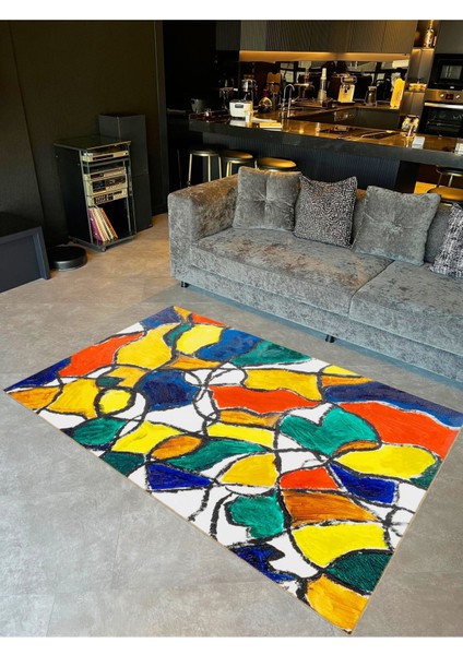 Buse Koleksiyonu Çok Renkli Soyut Şekiller Desenli Dokuma Taban Modern Dekoratif Halı BUSE24