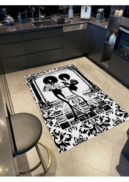 Buse Koleksiyonu Siyah Beyaz Temalı Kaset ve Kadın Desenli Dokuma Taban Modern Dekoratif Halı BUSE28
