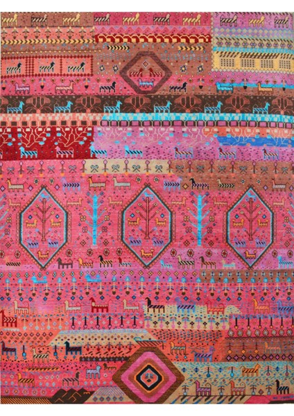 Barcelona Koleksiyonu Pembe Tonlarda Geyik ve Çiçek Motifleri Desenli Vintage Dekoratif Halı 02 fiyatları