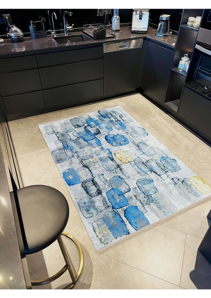 Barcelona Koleksiyonu Mavi ve Gri Tonlarda Soyut Abstract Desenli Modern Dekoratif Halı 63