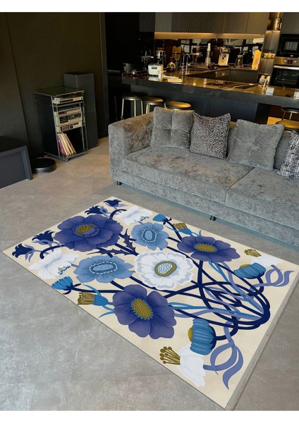 Barcelona Koleksiyonu Mavi Bej Tonlarda Floral Çiçek Desenli Modern Dekoratif Halı 07
