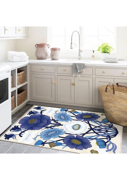 Barcelona Koleksiyonu Mavi Bej Tonlarda Floral Çiçek Desenli Modern Dekoratif Halı 07 fırsatları