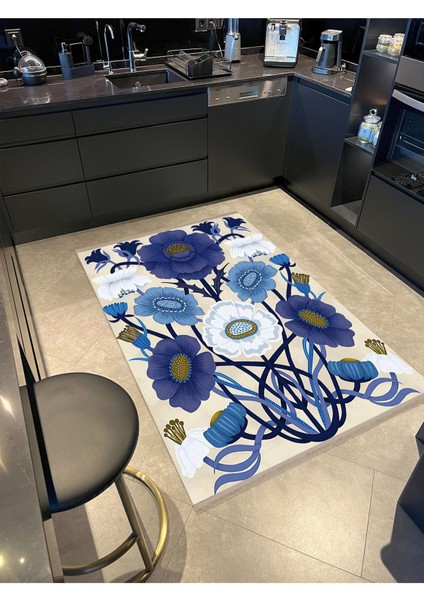 Barcelona Koleksiyonu Mavi Bej Tonlarda Floral Çiçek Desenli Modern Dekoratif Halı 07 modelleri