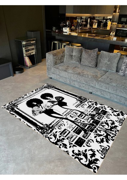 Buse Koleksiyonu Siyah Beyaz Temalı Kaset ve Kadın Desenli Dokuma Taban Modern Dekoratif Halı BUSE28