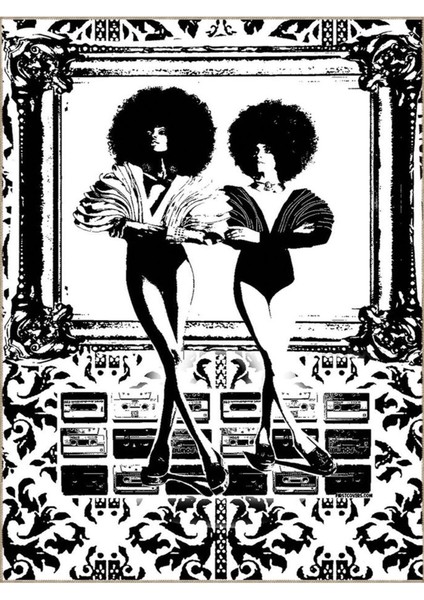 Buse Koleksiyonu Siyah Beyaz Temalı Kaset ve Kadın Desenli Dokuma Taban Modern Dekoratif Halı BUSE28 indirimleri