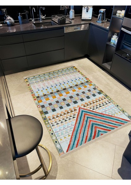 Barcelona Koleksiyonu Çok Renkli Eskitme Geometrik Motifler Desenli Vintage Dekoratif Halı 57 modelleri