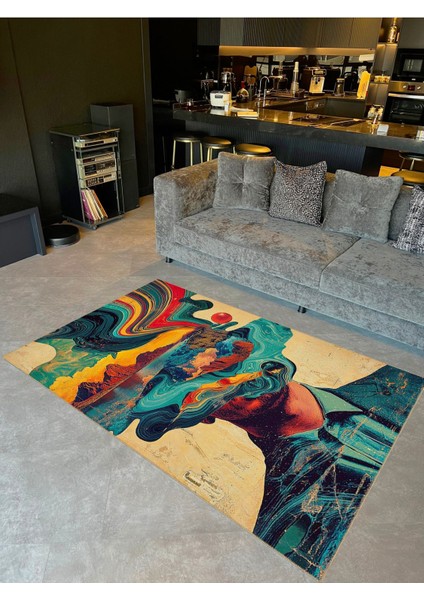 Buse Koleksiyonu Çok Renkli Manzara ve Soyut Düşünceler Desenli Dokuma Taban Dekoratif Halı BUSE03
